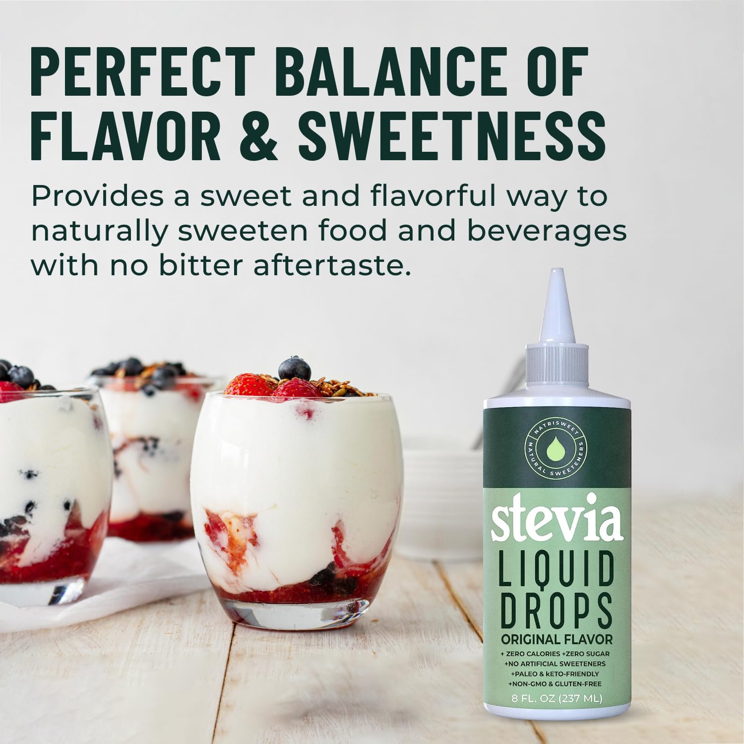 Easy-dispense cap enables quick sweetness adjustments with Natrisweet Drops.