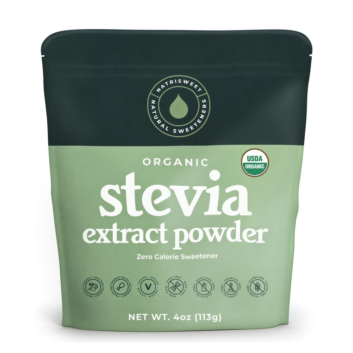 NatriSweet Stevia Powder bottle highlights zero calories for a healthier sweetness option.