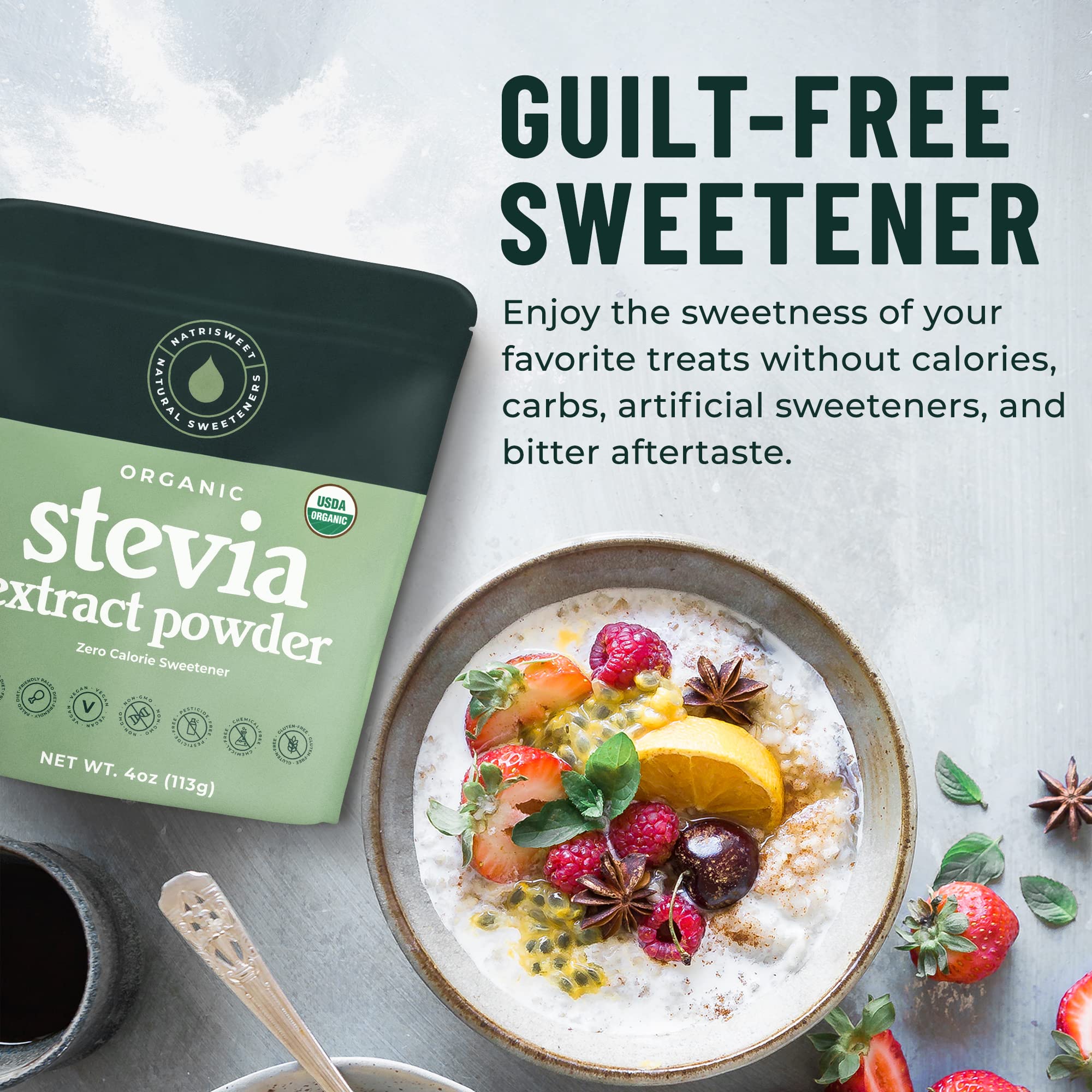 NatriSweet Stevia Powder beside a coffee cup suggests keto-friendly sweetener option.