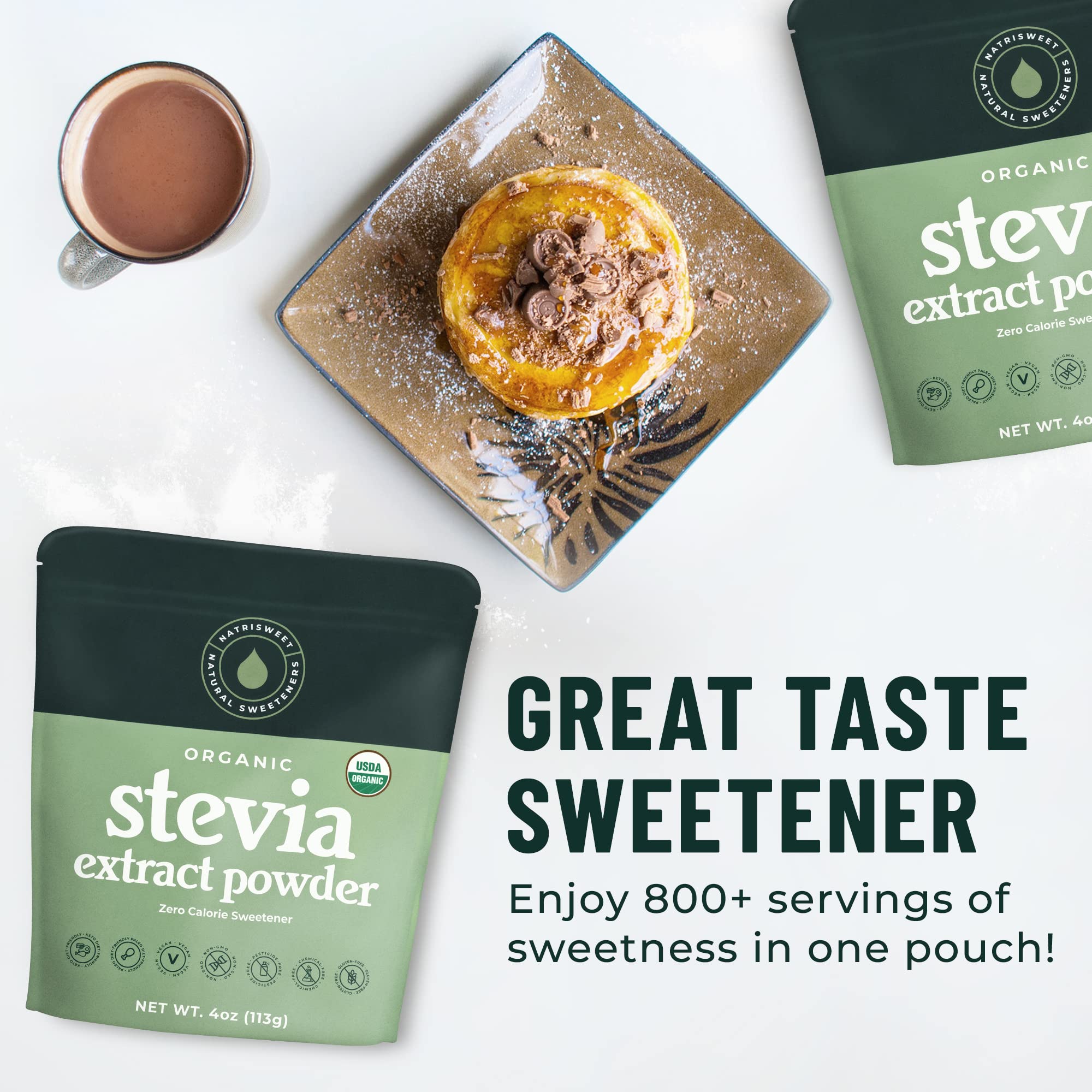 NatriSweet Stevia Powder packaging demonstrates bulk 4 oz bag for everyday use.