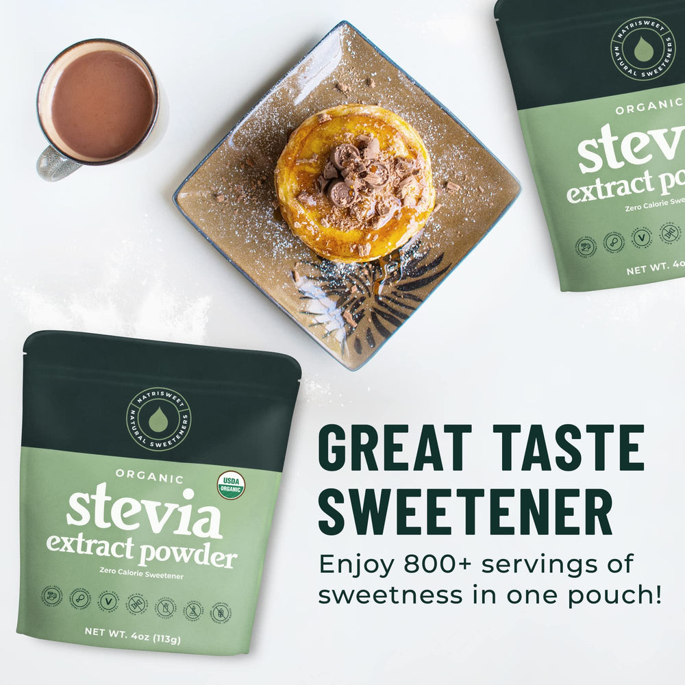 NatriSweet Stevia Powder packaging demonstrates bulk 4 oz bag for everyday use.