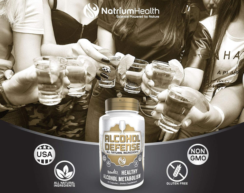 Natrium Health branding on premium Alcohol Defense packaging.
