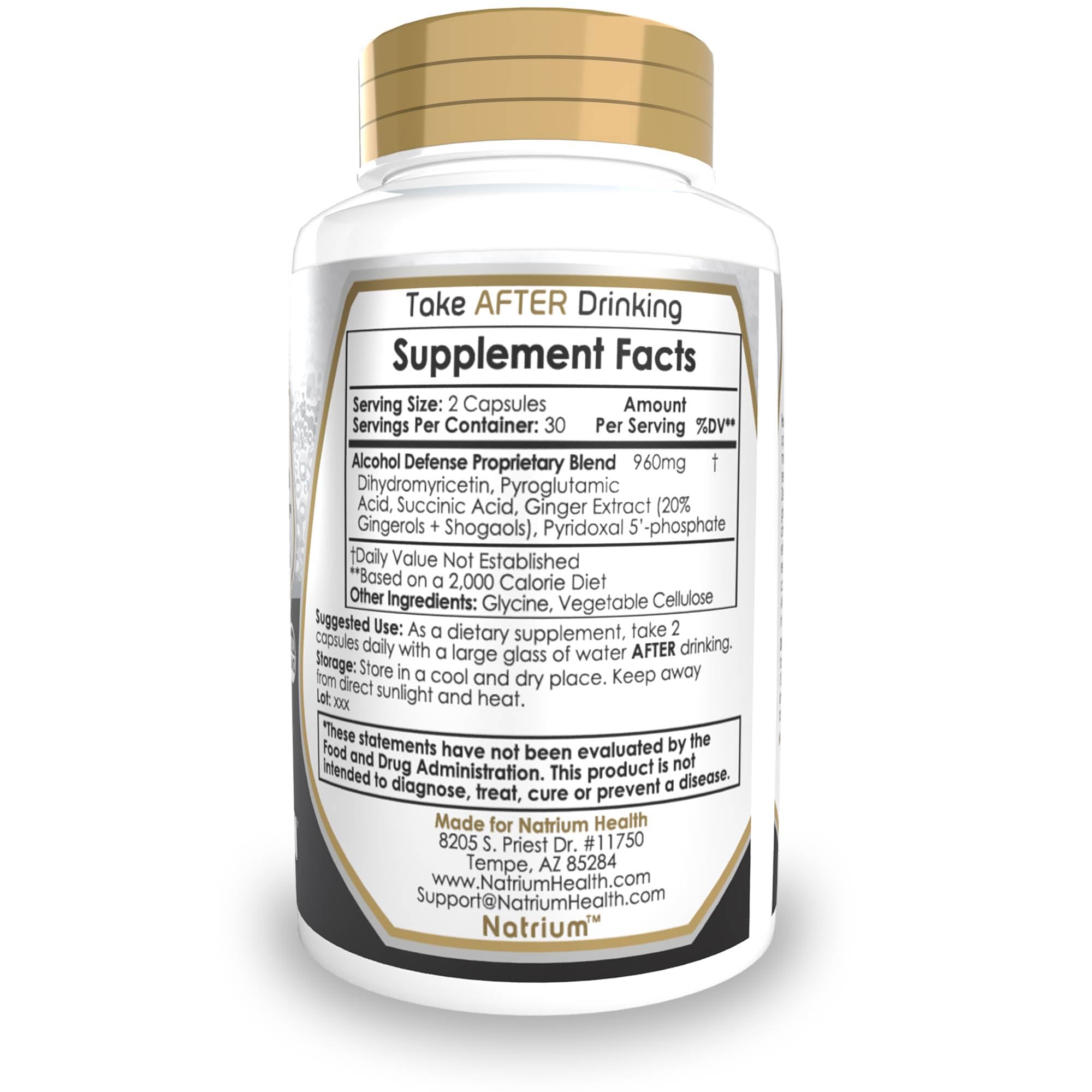 Natrium Health Alcohol Defense capsules lined up for after-drinking use.