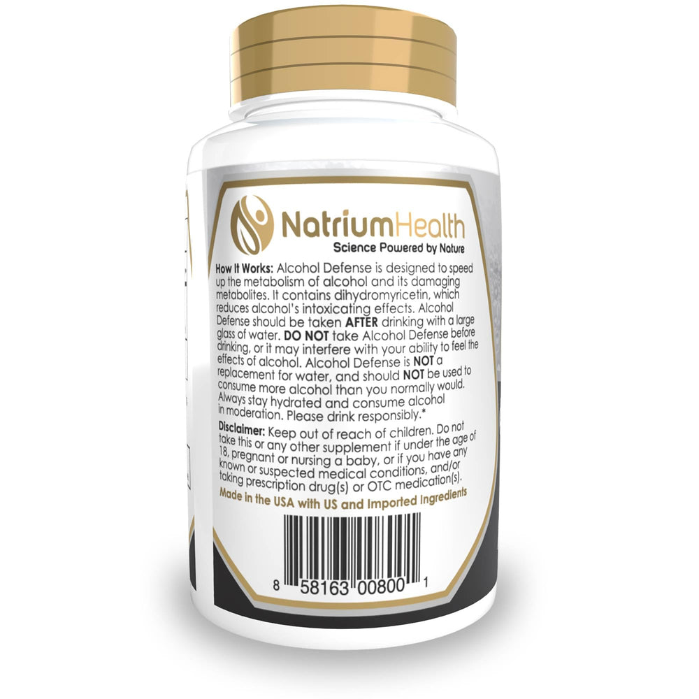 Close-up of Alcohol Defense label highlighting gluten-free and non-GMO notes.