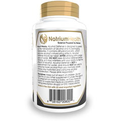 Close-up of Alcohol Defense label highlighting gluten-free and non-GMO notes.