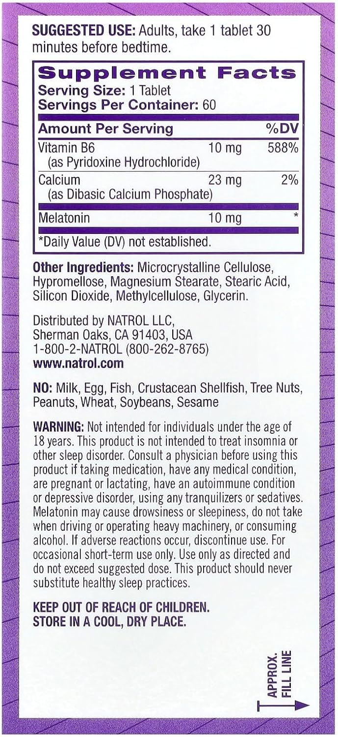 Close-up of Natrol melatonin tablets at 10 mg for restful nights
