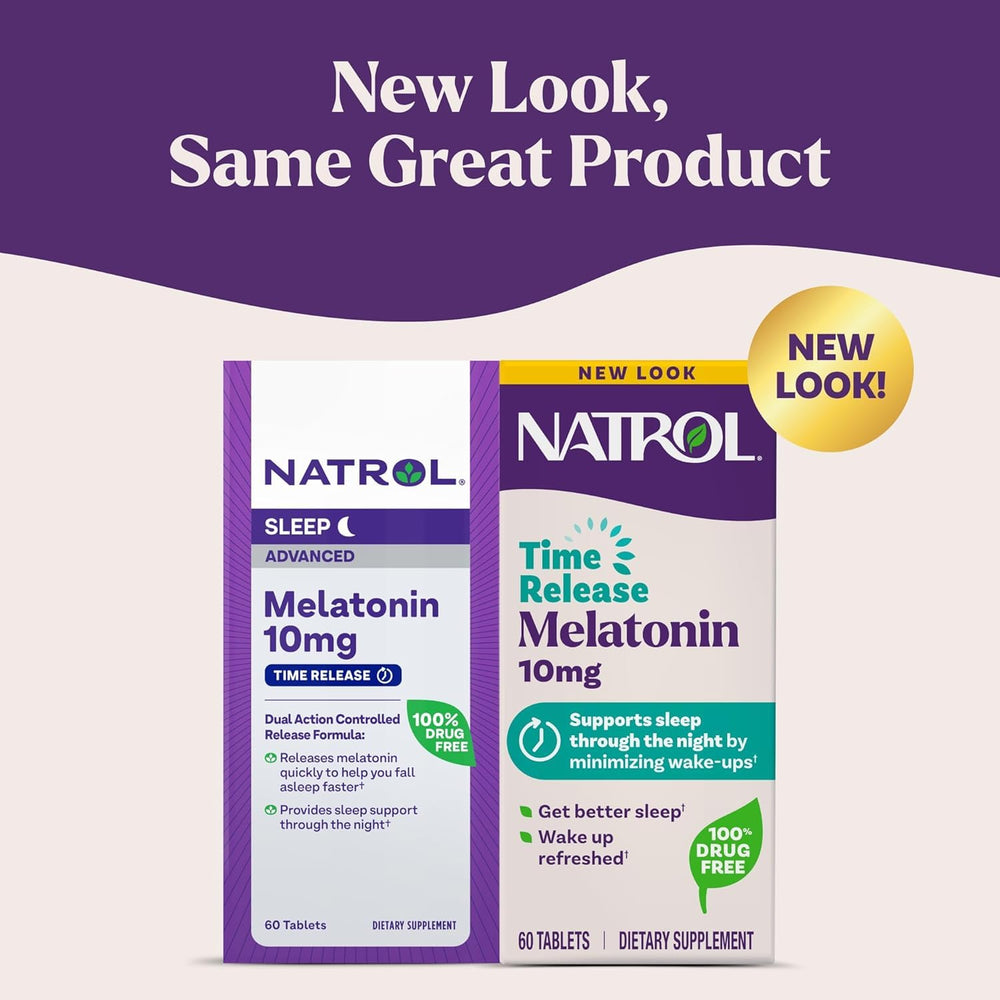 Natrol Advanced Sleep Melatonin tablets close-up showing two-layer release design for sleep support