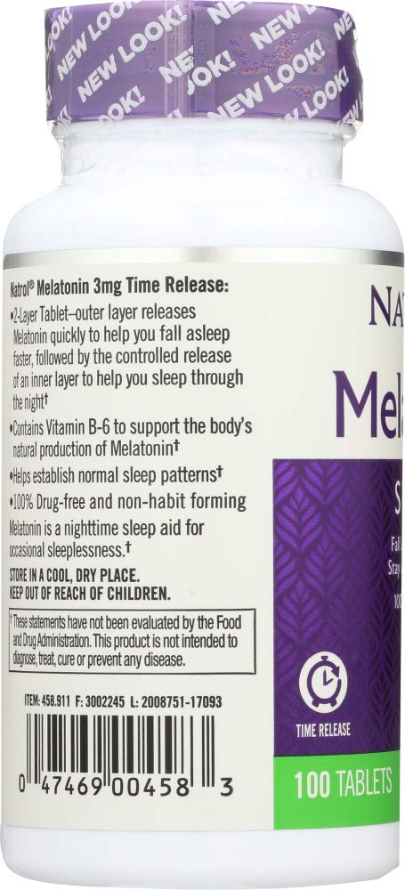 Close-up of Natrol Melatonin 3 mg tablets for fast-then-sustained sleep