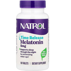 Natrol melatonin time-release 5mg bottle shown for sleep support.