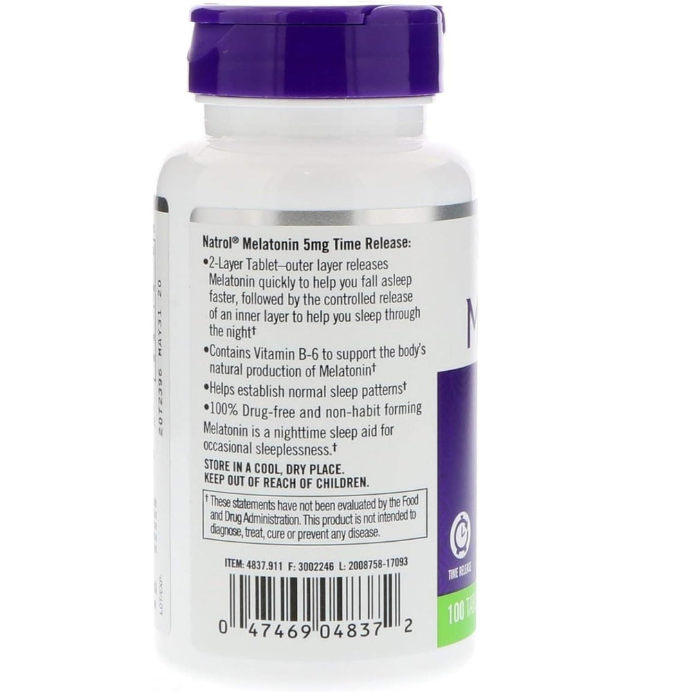 Close-up of Natrol melatonin time-release tablets highlighting steady sleep support.