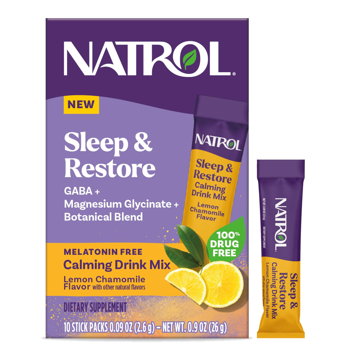 Natrol Sleep + Restore packaging front for a calm bedtime routine.