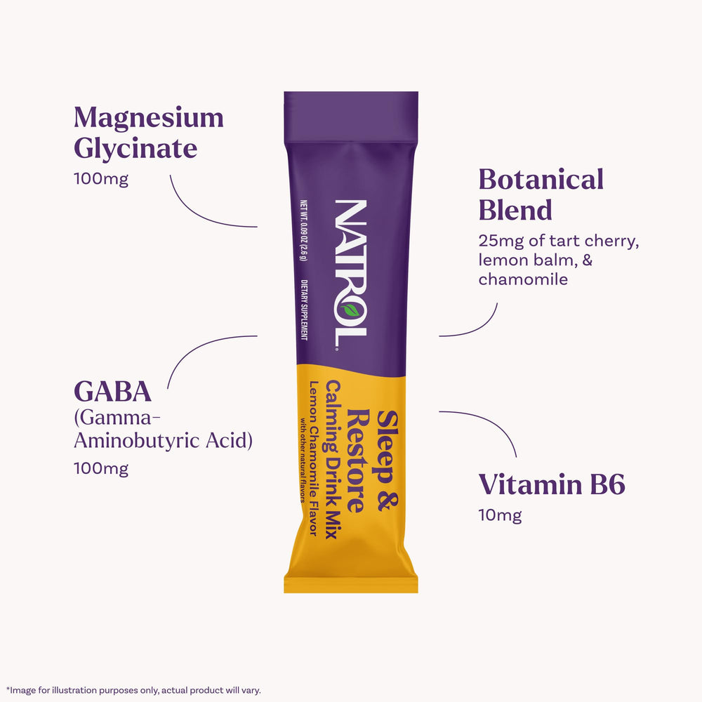 Pouring Natrol Sleep + Restore powder into water to make a lemon chamomile sip.