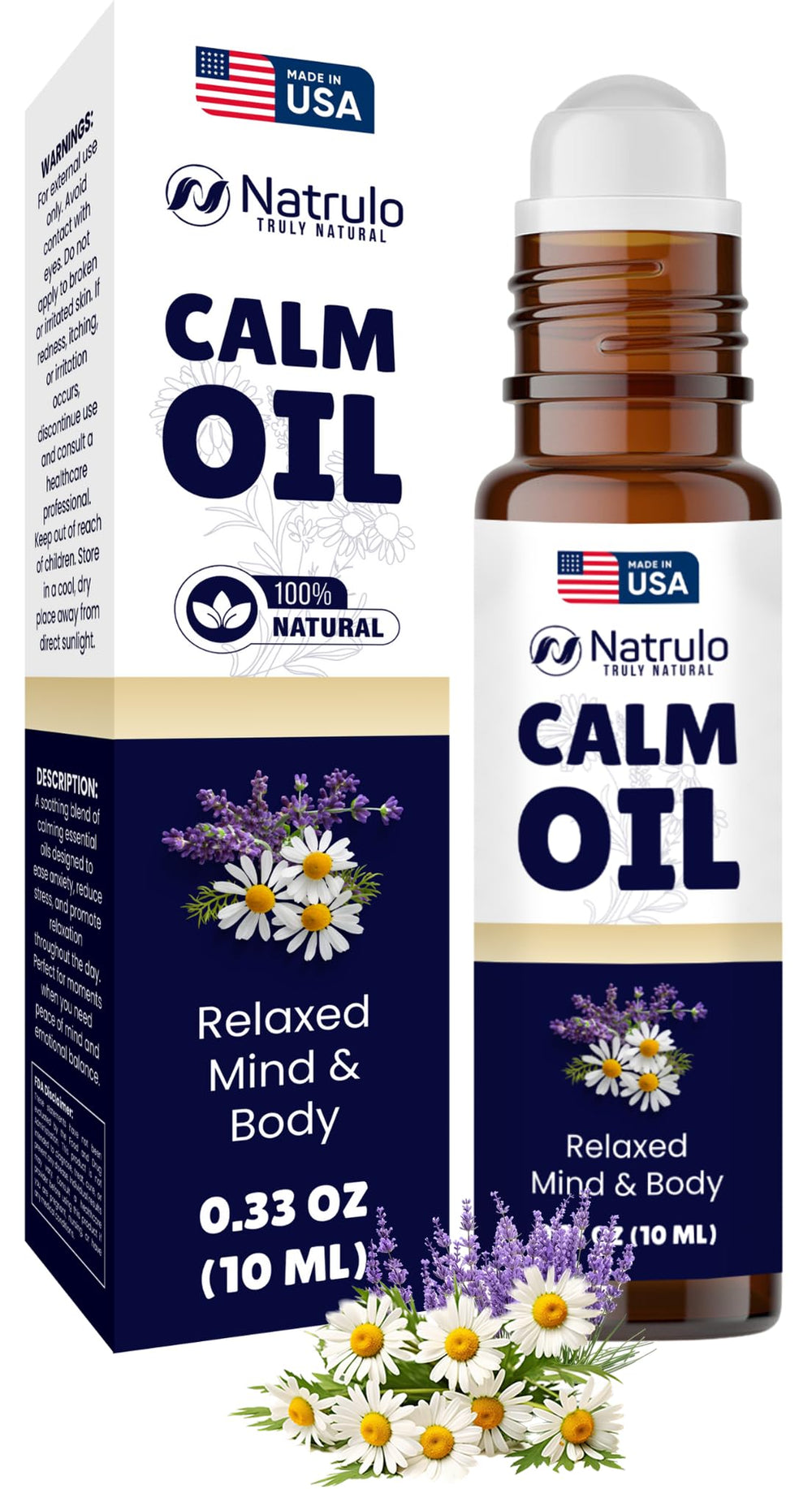Natrulo Calm Essential Oil Roll-On bottle with lavender scent for daily relaxation.
