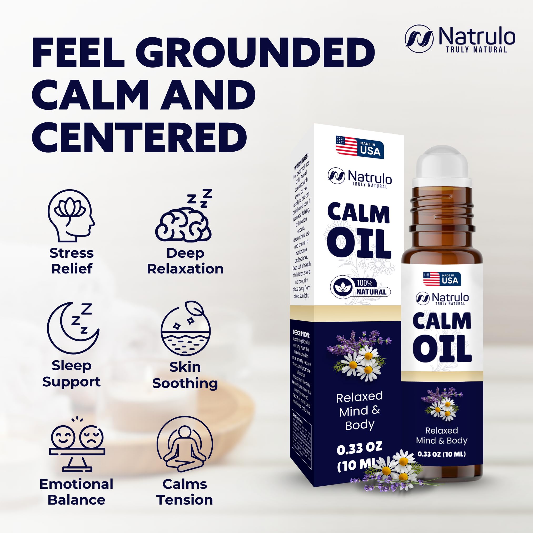 Ingredients show lavender, chamomile, and frankincense in a coconut oil base for aromatherapy.