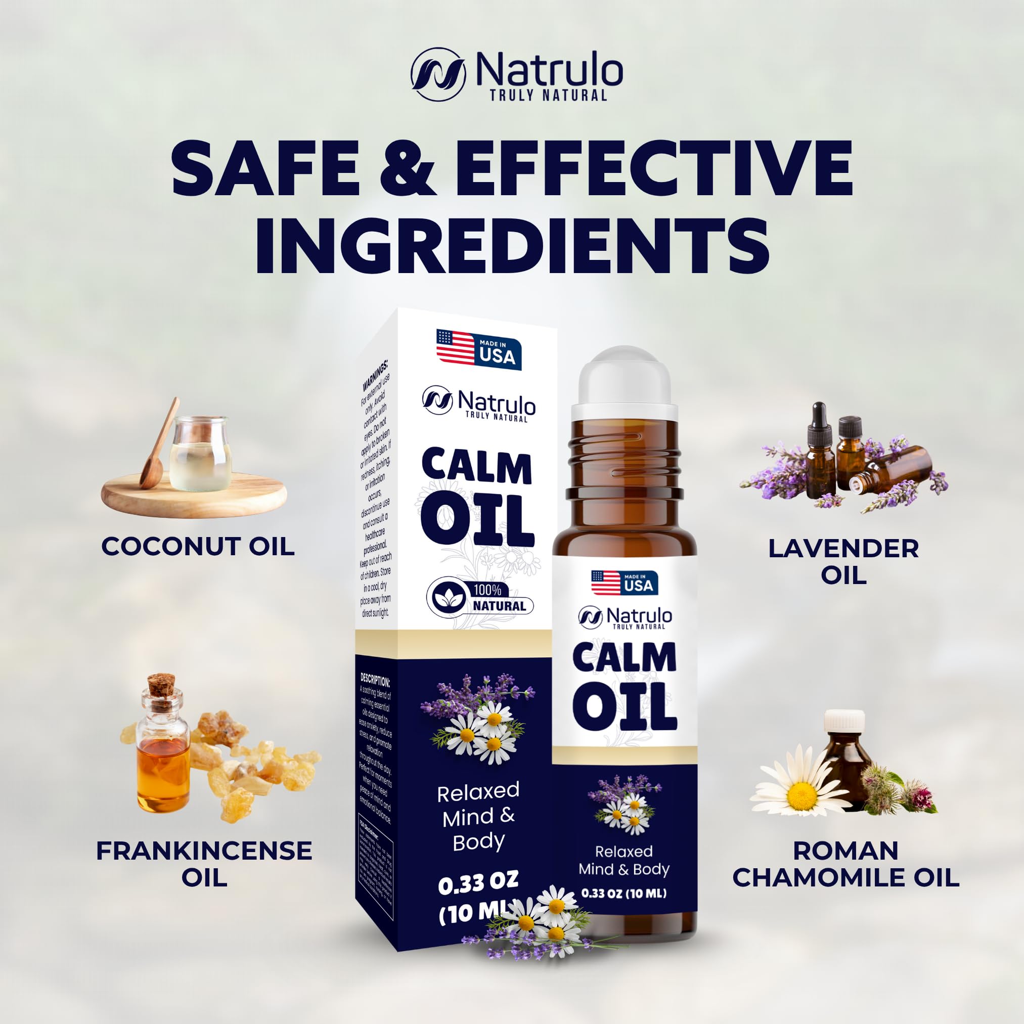 Clean packaging and label for Natrulo Calm essential oil roll-on.