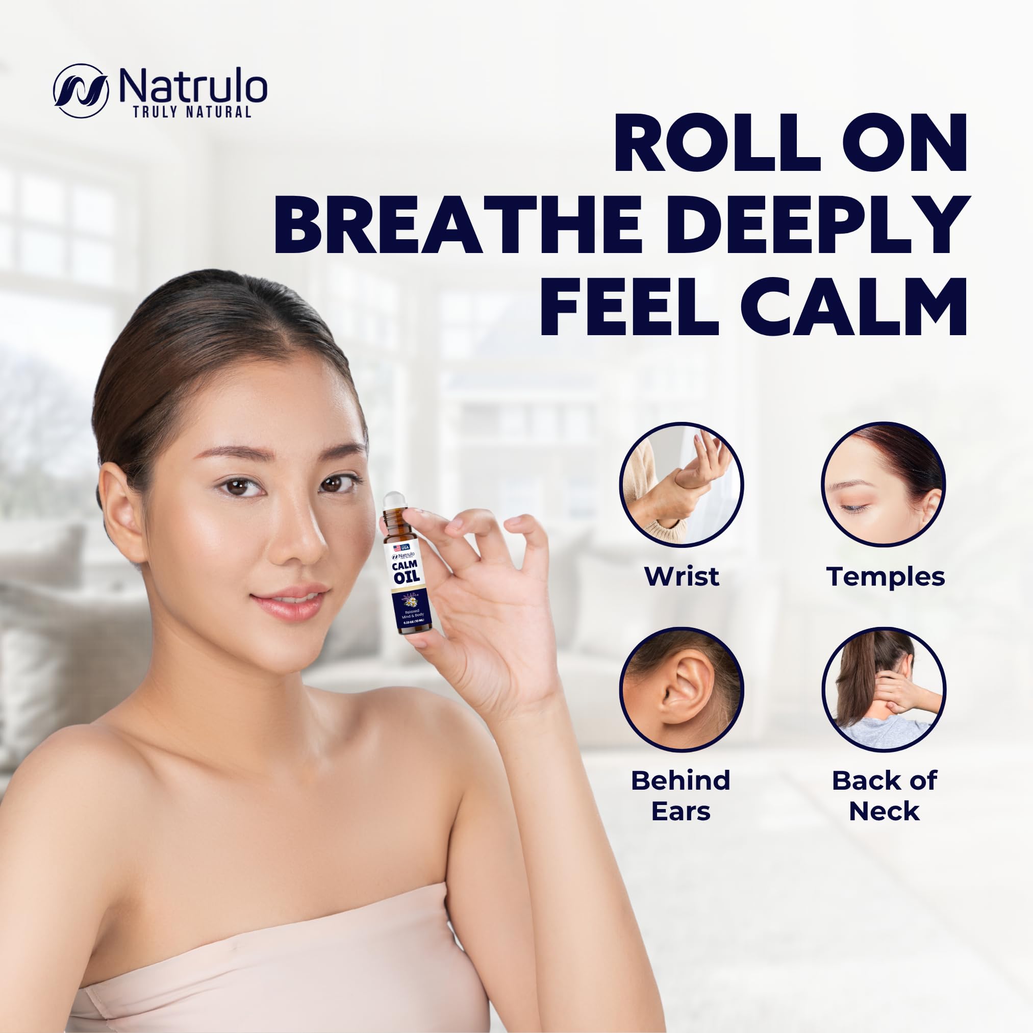 A calm scene with lavender and the Calm Roll-On suggesting serene evenings.