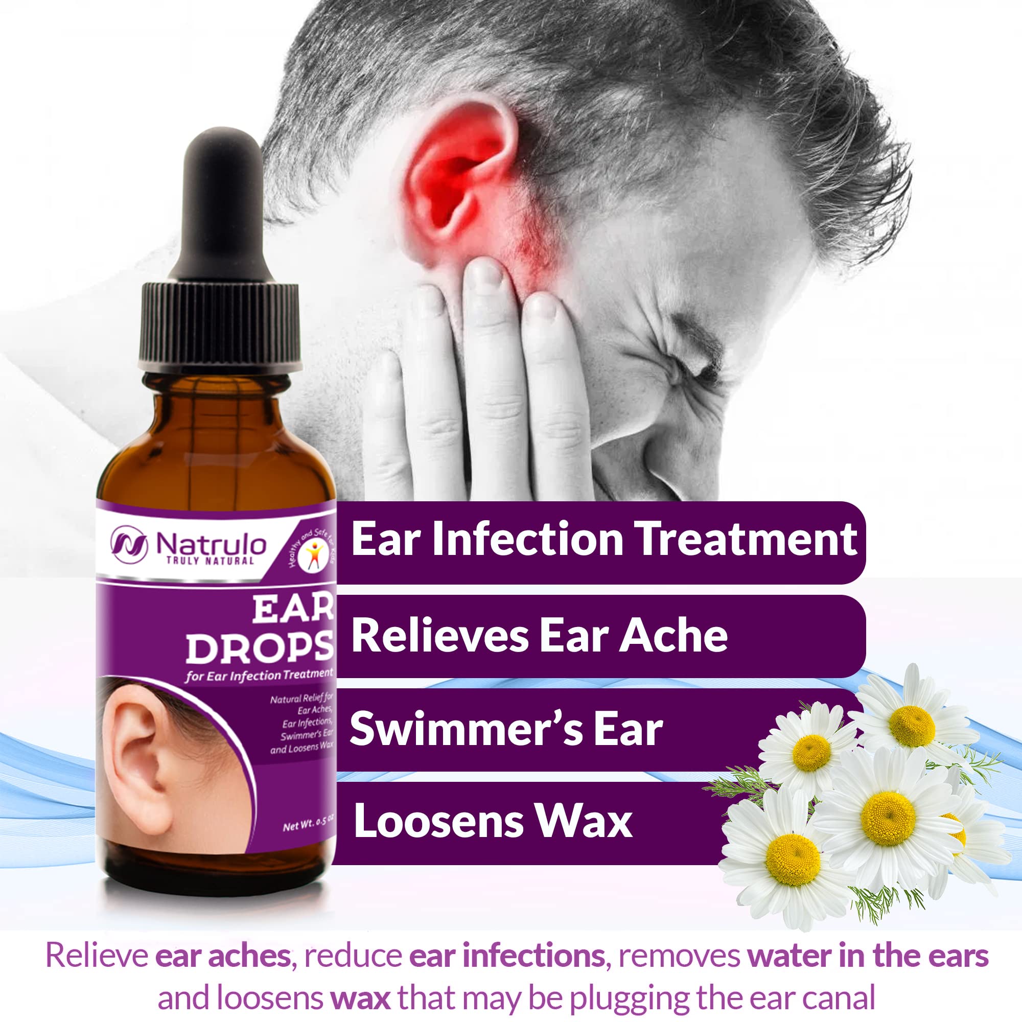 Natrulo ear drops bottle closeup highlighting pure natural ingredients for gentle care.