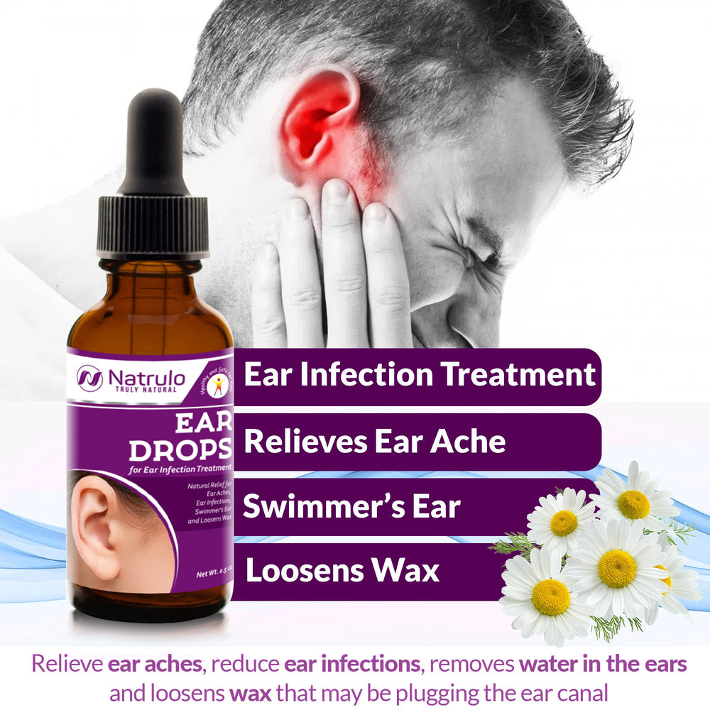 Natrulo ear drops bottle closeup highlighting pure natural ingredients for gentle care.