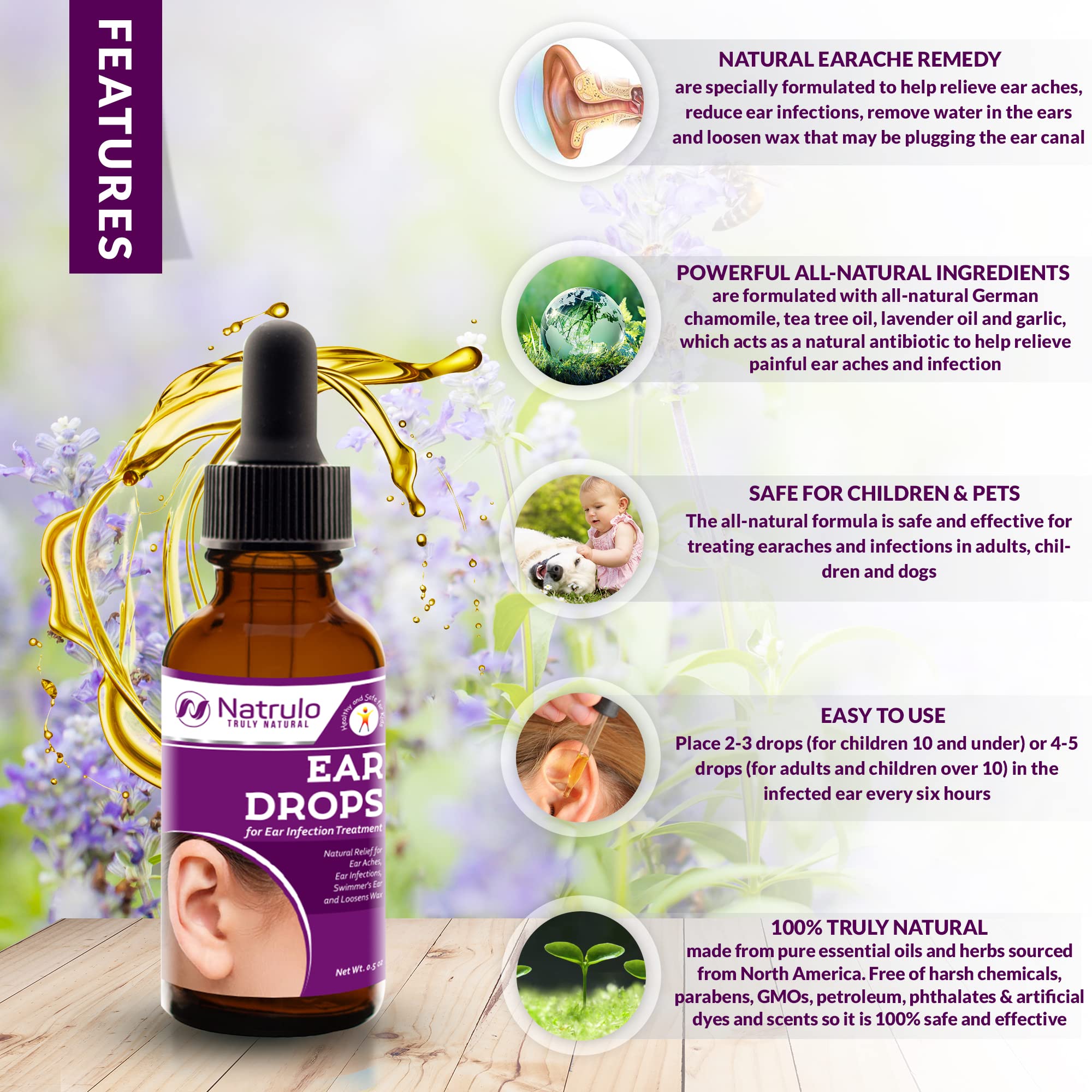 Natrulo ear drops with garlic and mullein for soothing daily ear care.