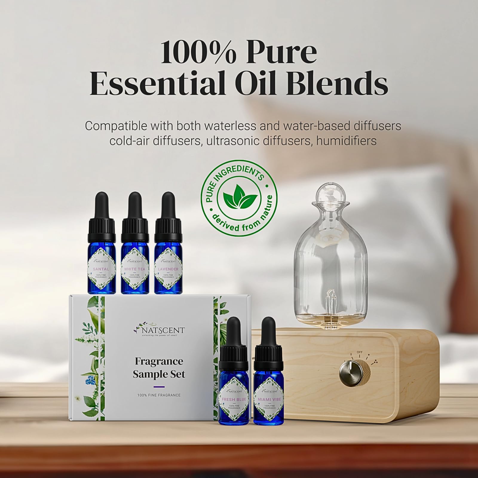 Natscent 5-piece luxury gift-set packaging showcases premium diffuser oils.