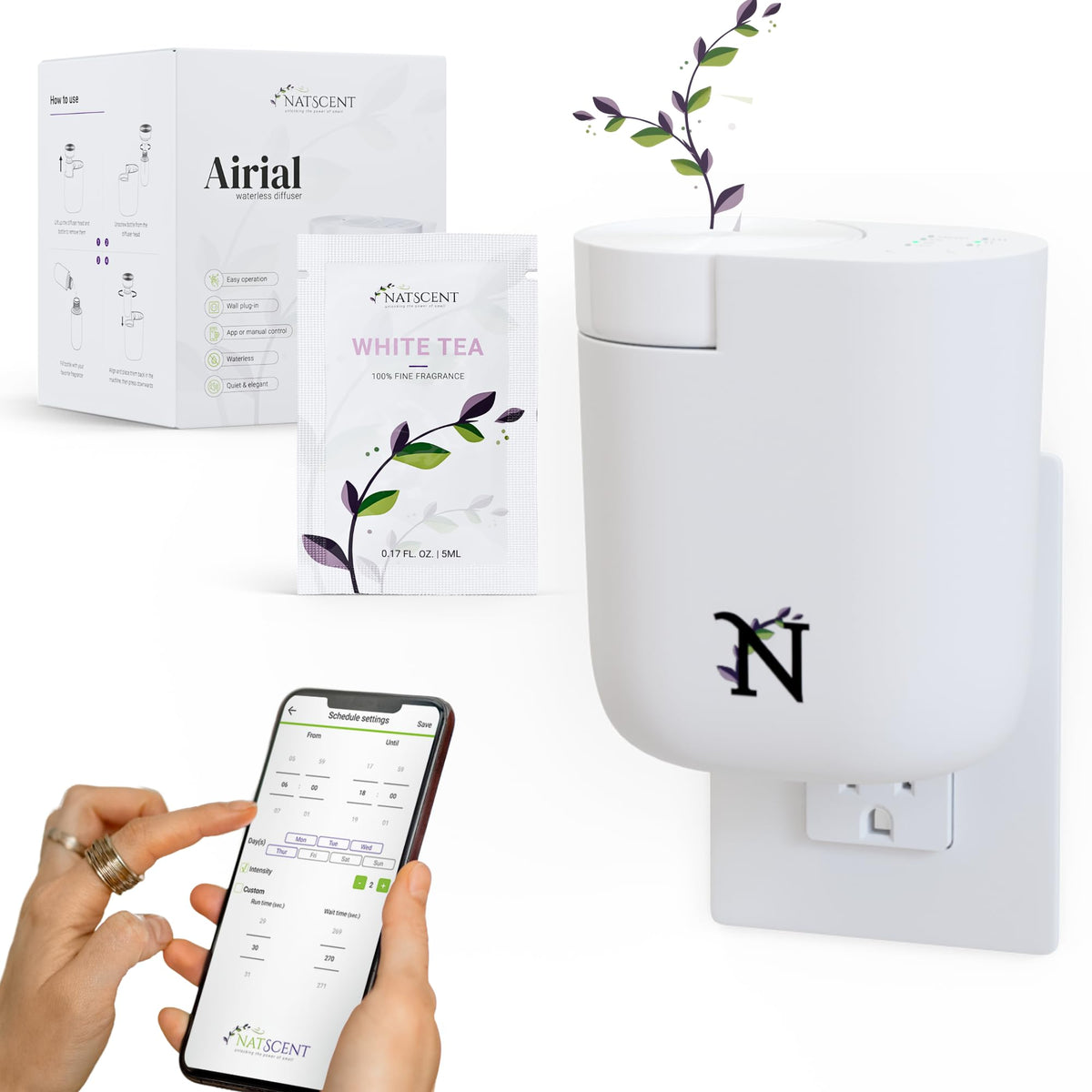 Natscent Airial diffuser with white tea sample for hotel-inspired ambiance