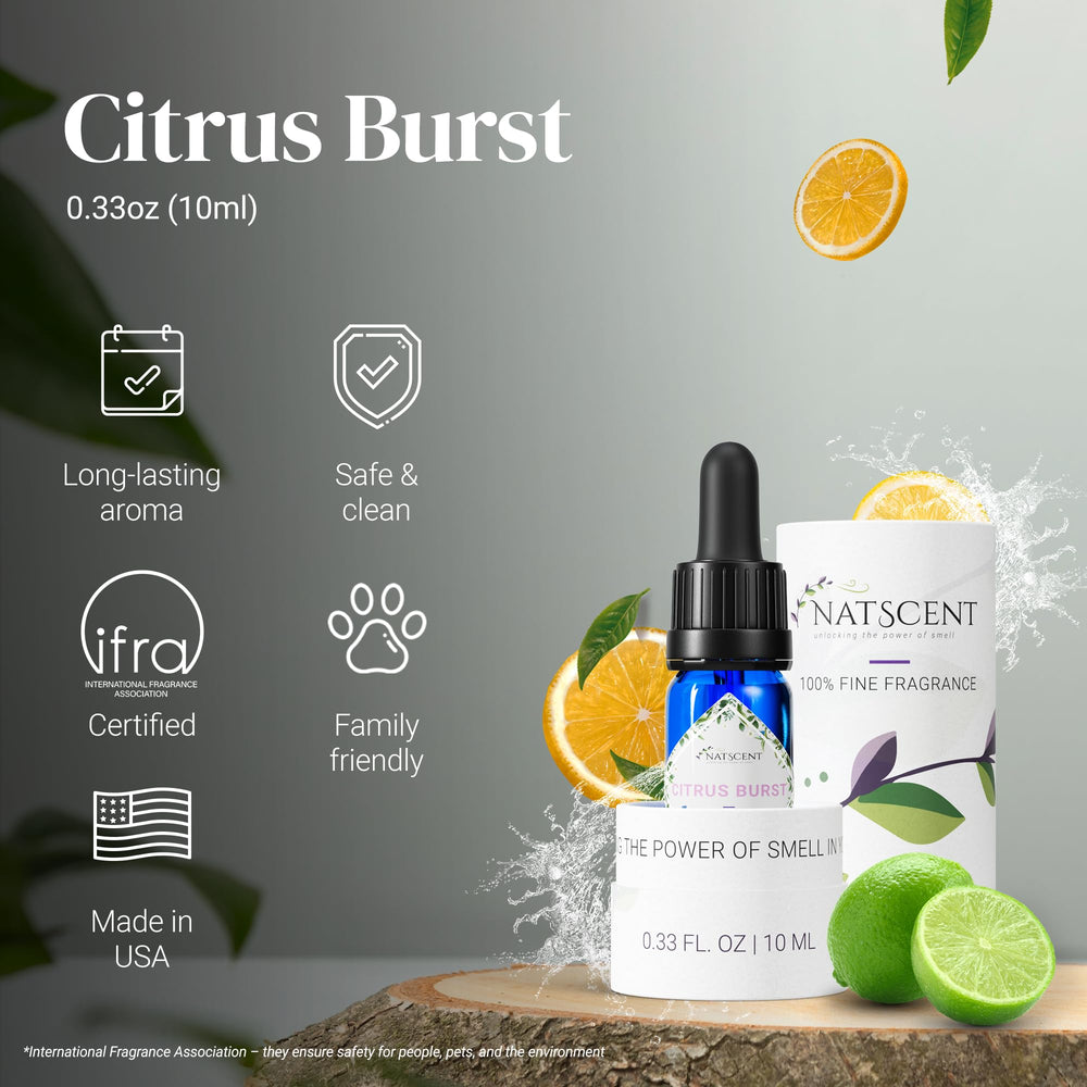 Natscent Citrus Burst close-up shows orange zest to spark energy.
