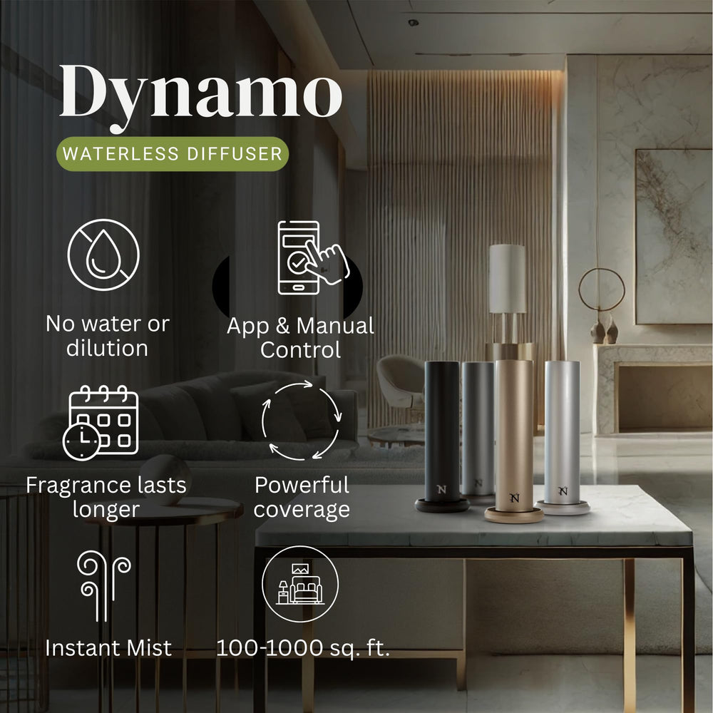 Natscent Dynamo app control panel shows easy scent intensity and timer settings.