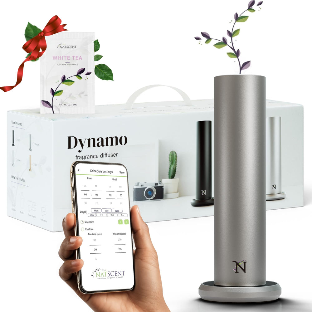 Natscent Dynamo diffuser titanium front view conveys hotel-grade ambiance at home.