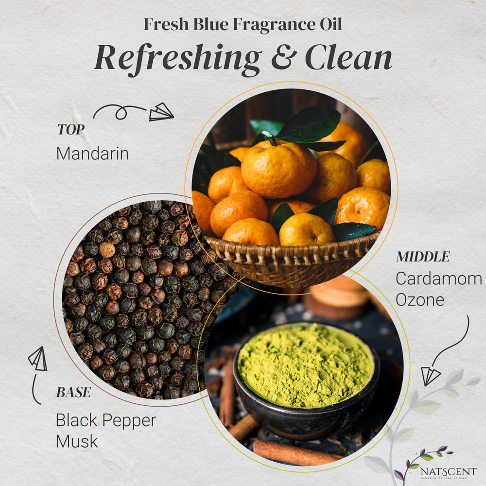 Natscent Fresh Blue citrus note highlights mandarin to lift mood and focus