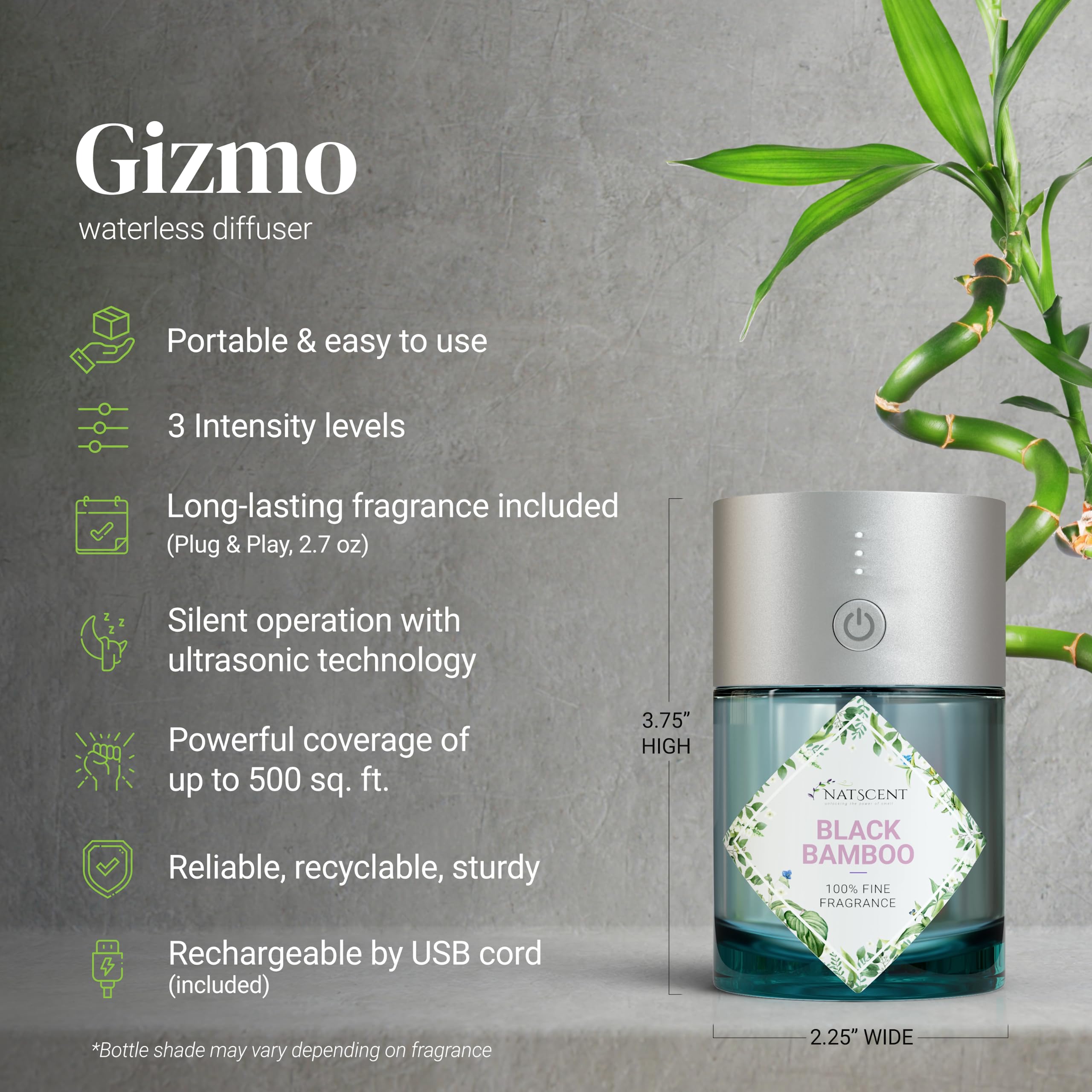Natscent Gizmo Black Bamboo fragrance oil fills spaces with tea and bamboo notes.