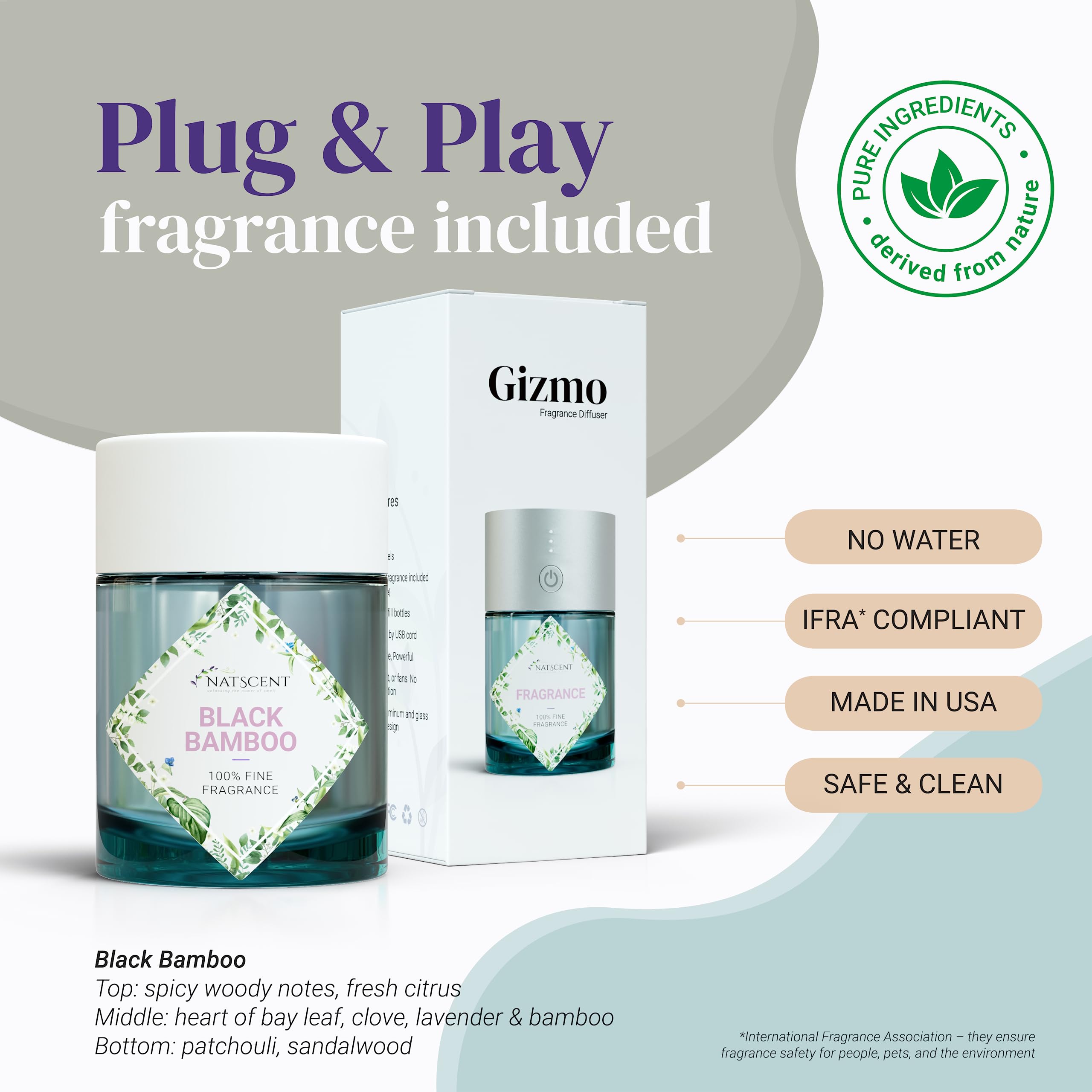 Natscent Gizmo plug-and-play diffuser for easy setup and spill-free use.