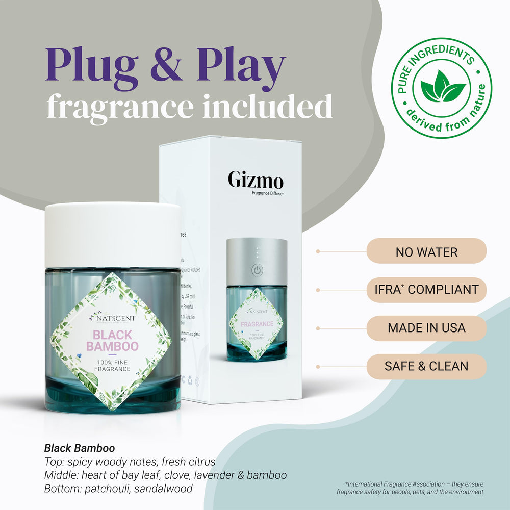 Natscent Gizmo plug-and-play diffuser for easy setup and spill-free use.
