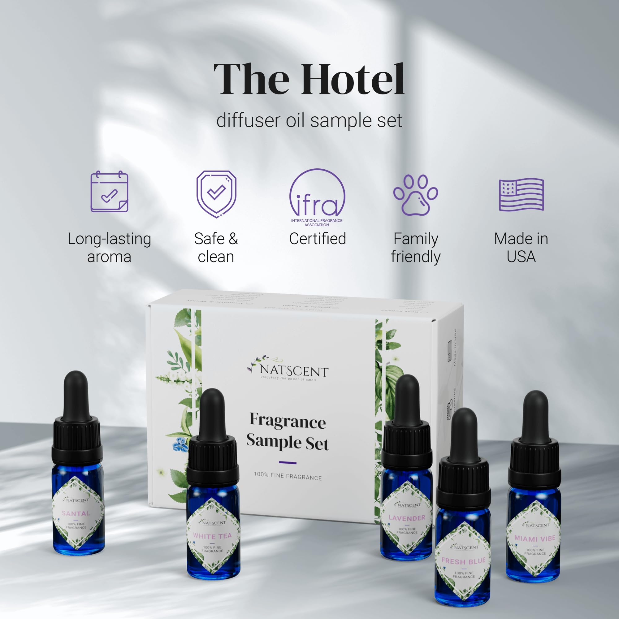 Natscent Santal diffuser oil bottle promotes sophisticated hotel-inspired atmosphere.