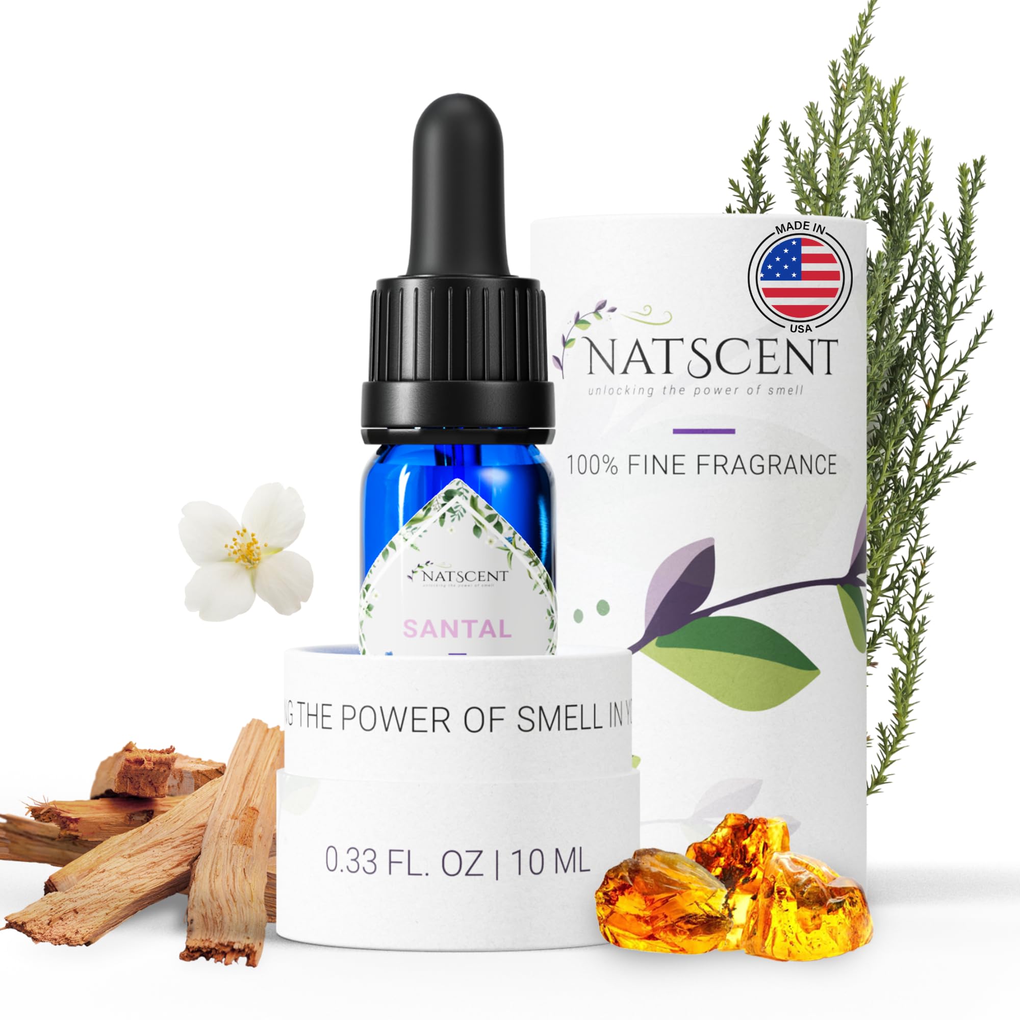Natscent Santal diffuser oil bottle delivers a luxurious sandalwood aroma.