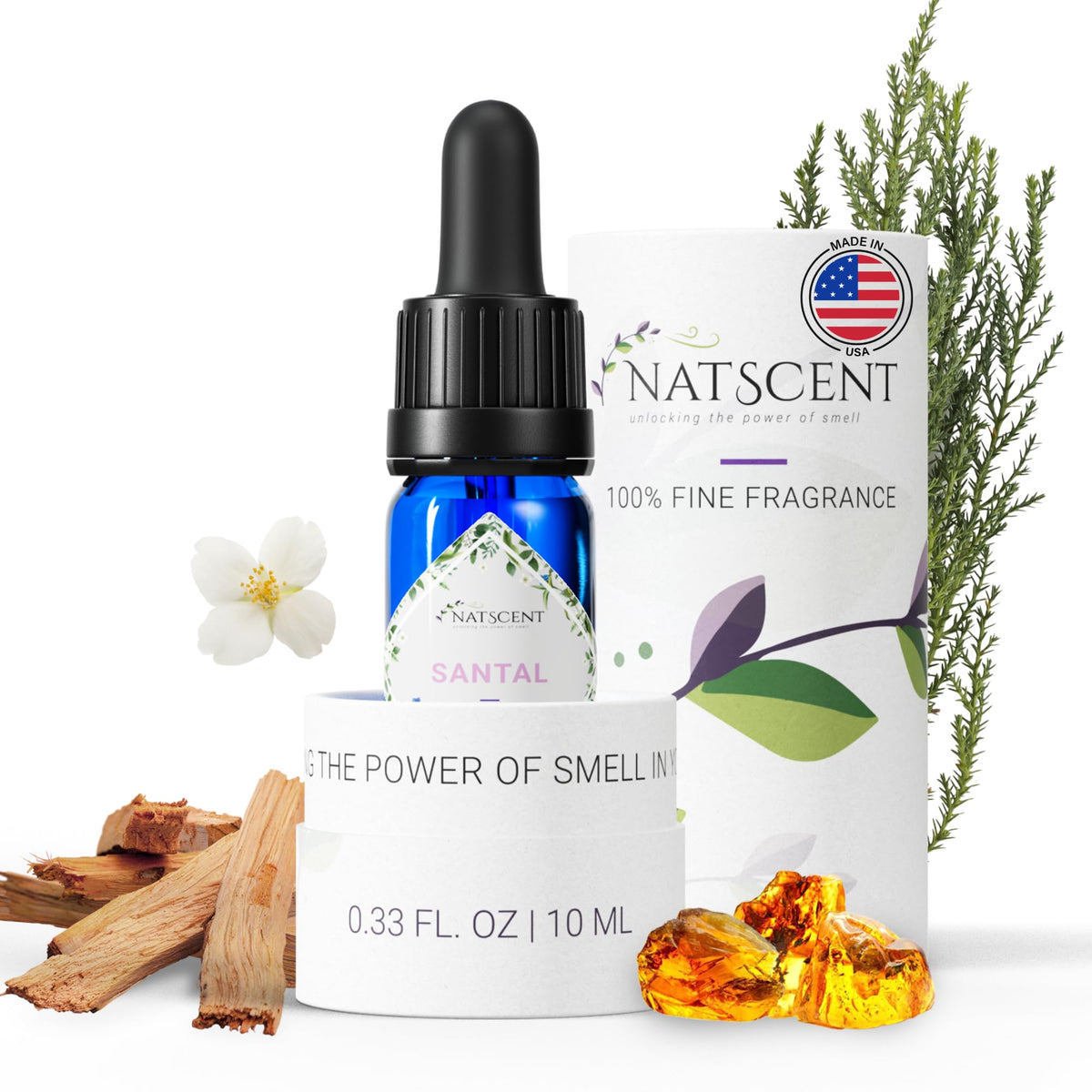 Natscent Santal diffuser oil bottle delivers a luxurious sandalwood aroma.