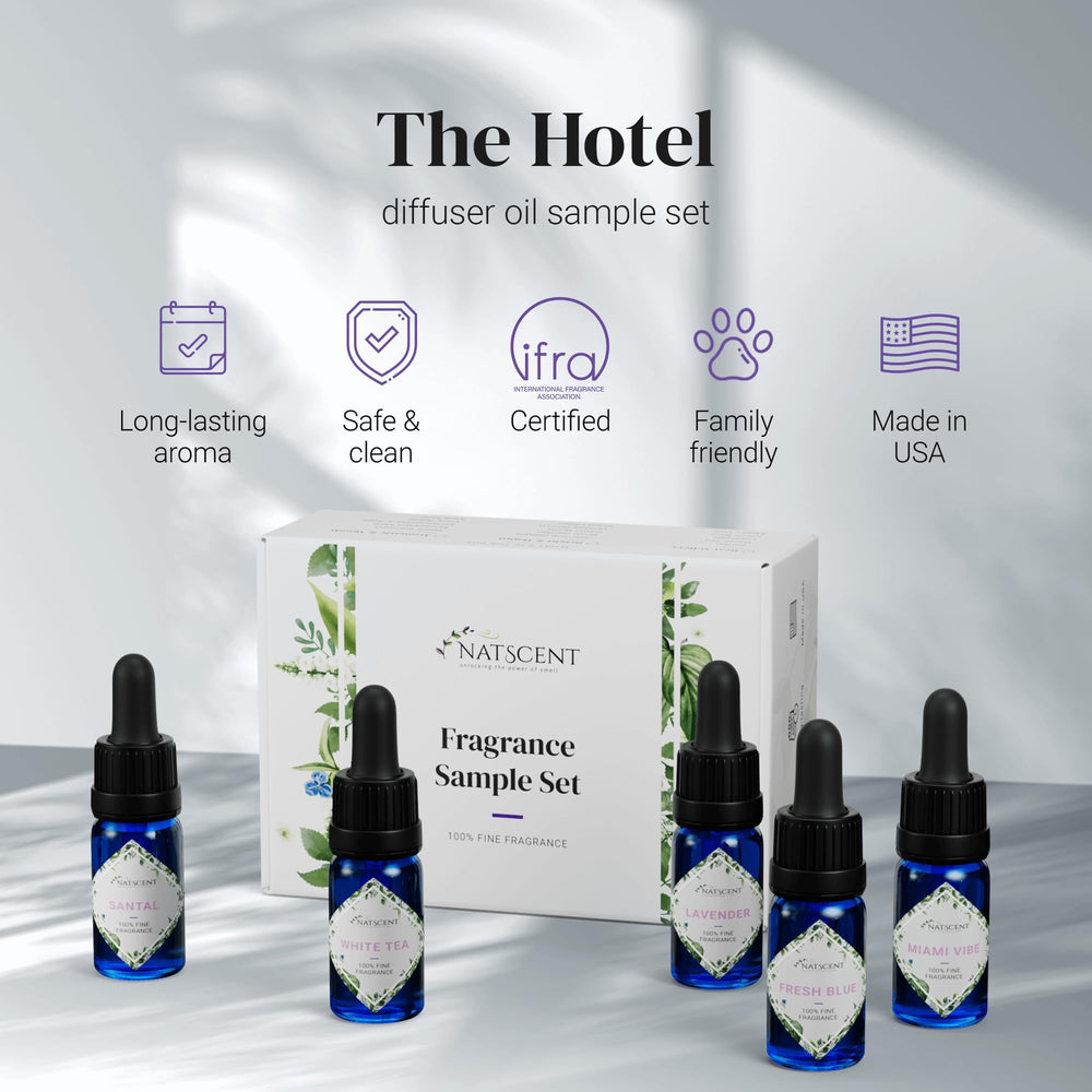 Natscent Santal diffuser oil bottle promotes sophisticated hotel-inspired atmosphere.