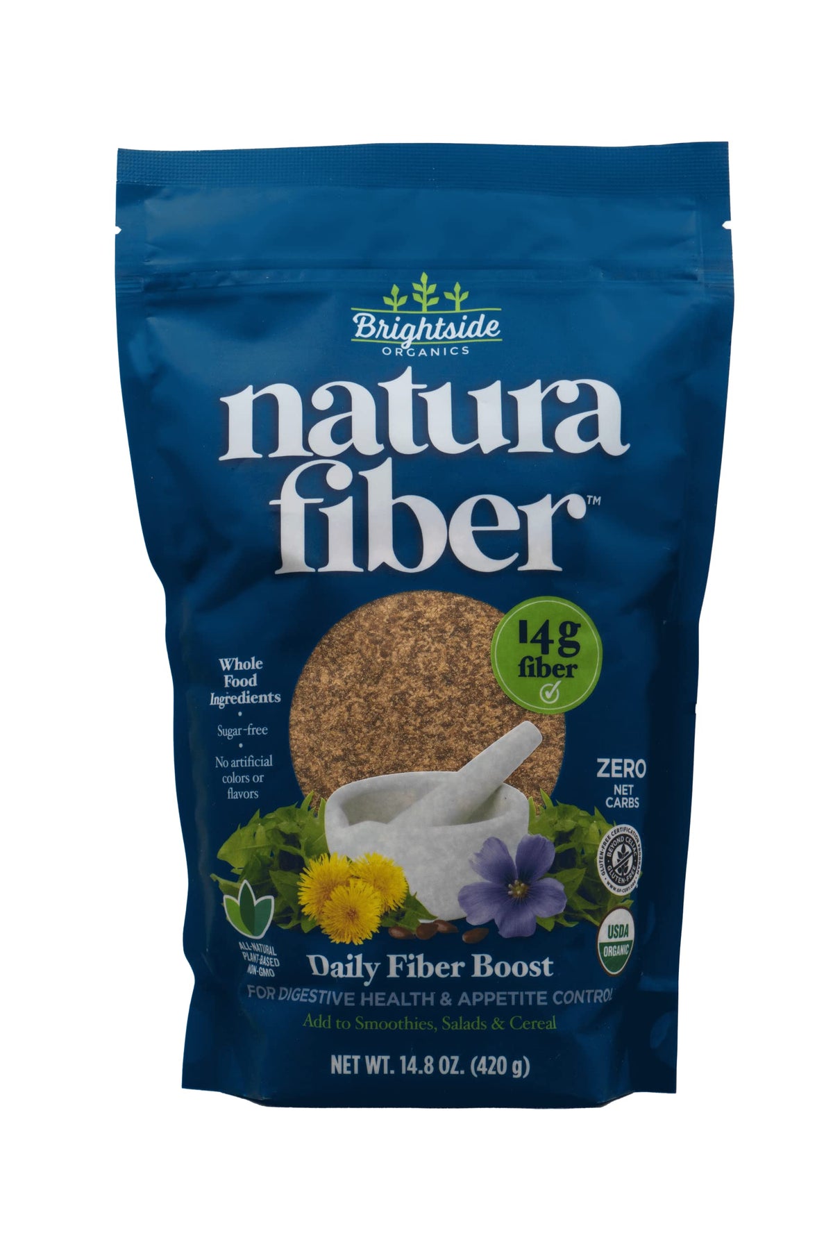 Natura Fiber bottle front view showcasing the all-natural fiber blend for daily use