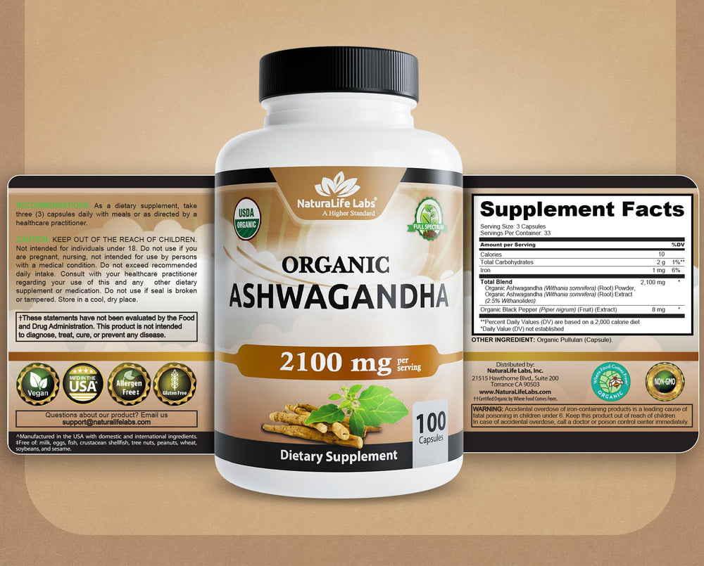 NaturaLife Labs Ashwagandha gluten-free badge supports dietary needs