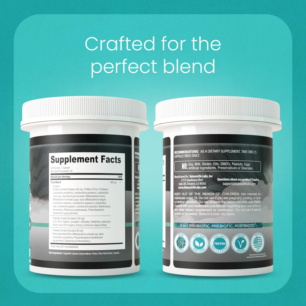 NaturaLife Labs Probiotics third-party testing seal signals quality assurance.