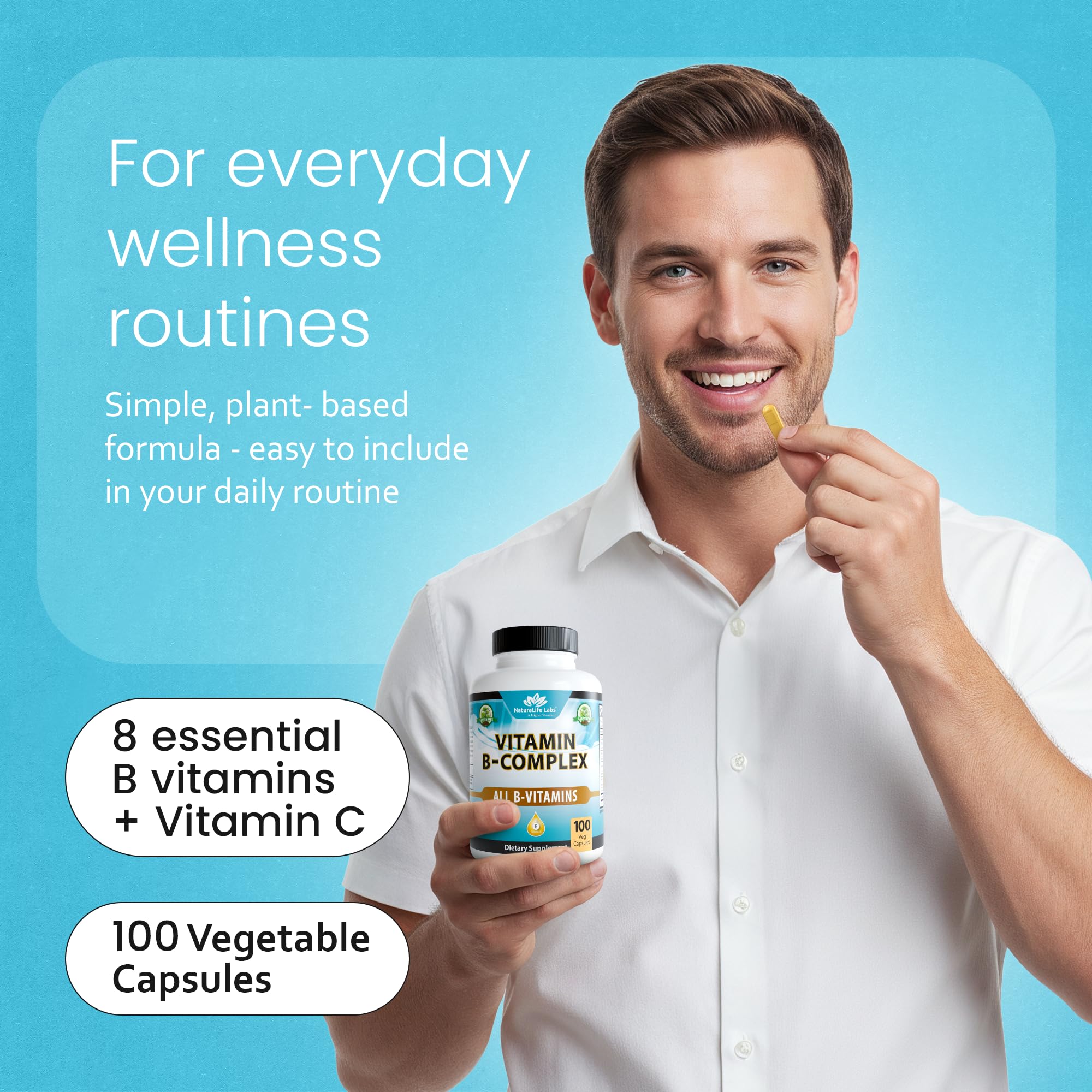 NaturaLife Labs Vitamin B-Complex ingredients graphic showcases B vitamins and Vitamin C