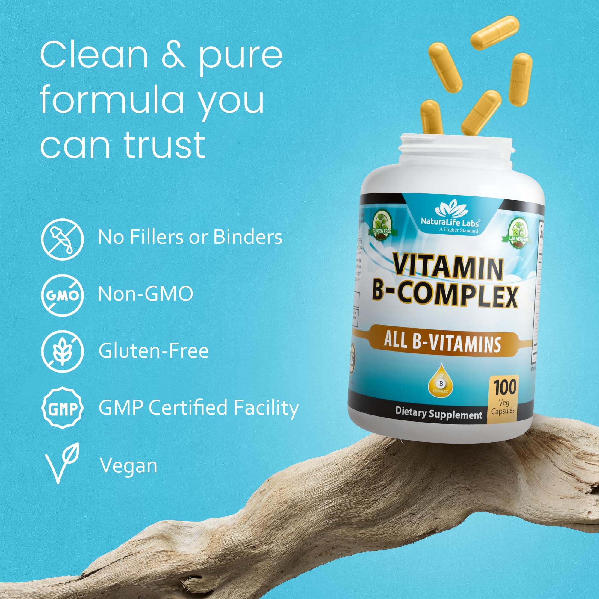 NaturaLife Labs Vitamin B-Complex spoon dosing scene suggests simple daily routine