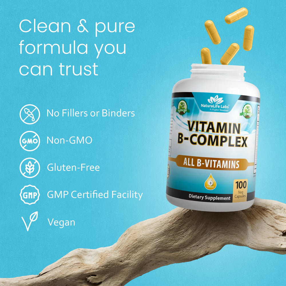 NaturaLife Labs Vitamin B-Complex spoon dosing scene suggests simple daily routine