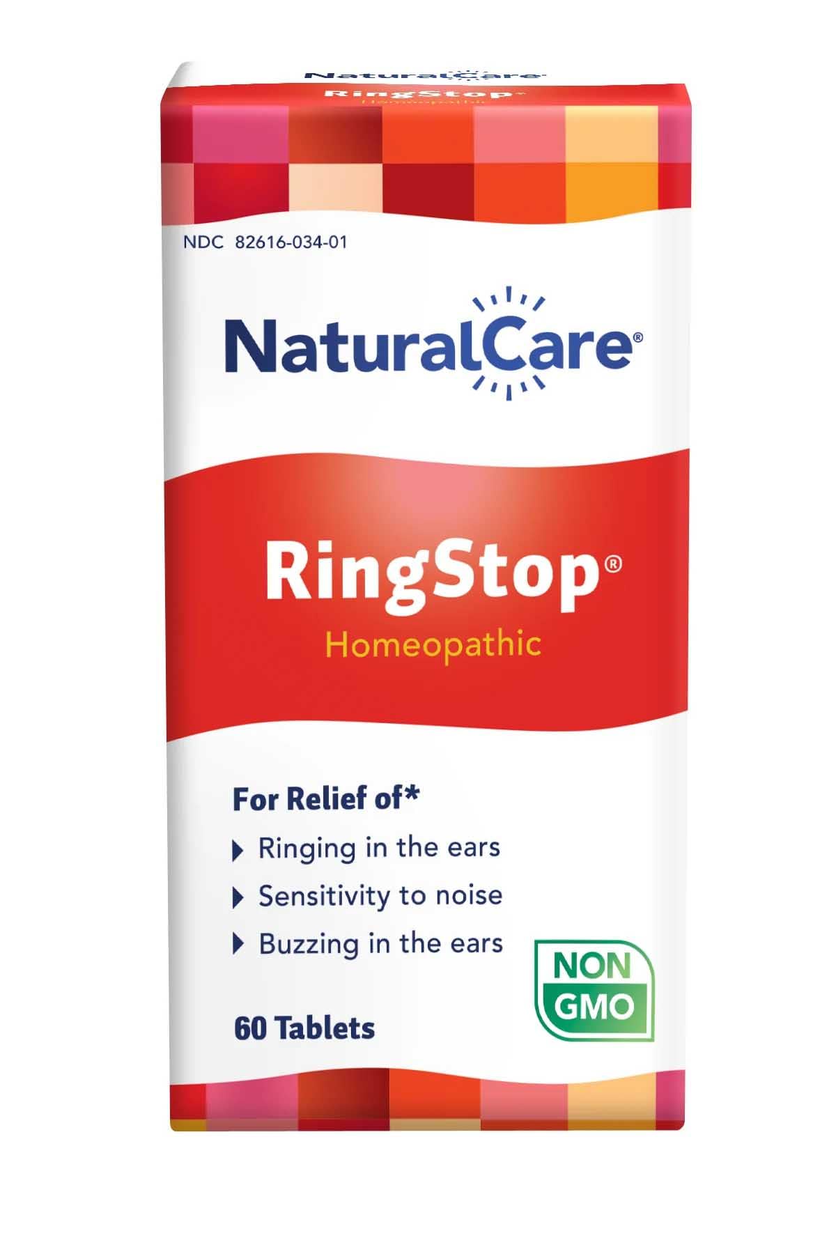 NaturalCare RingStop bottle and label, signaling gentle, non-drowsy ear relief.