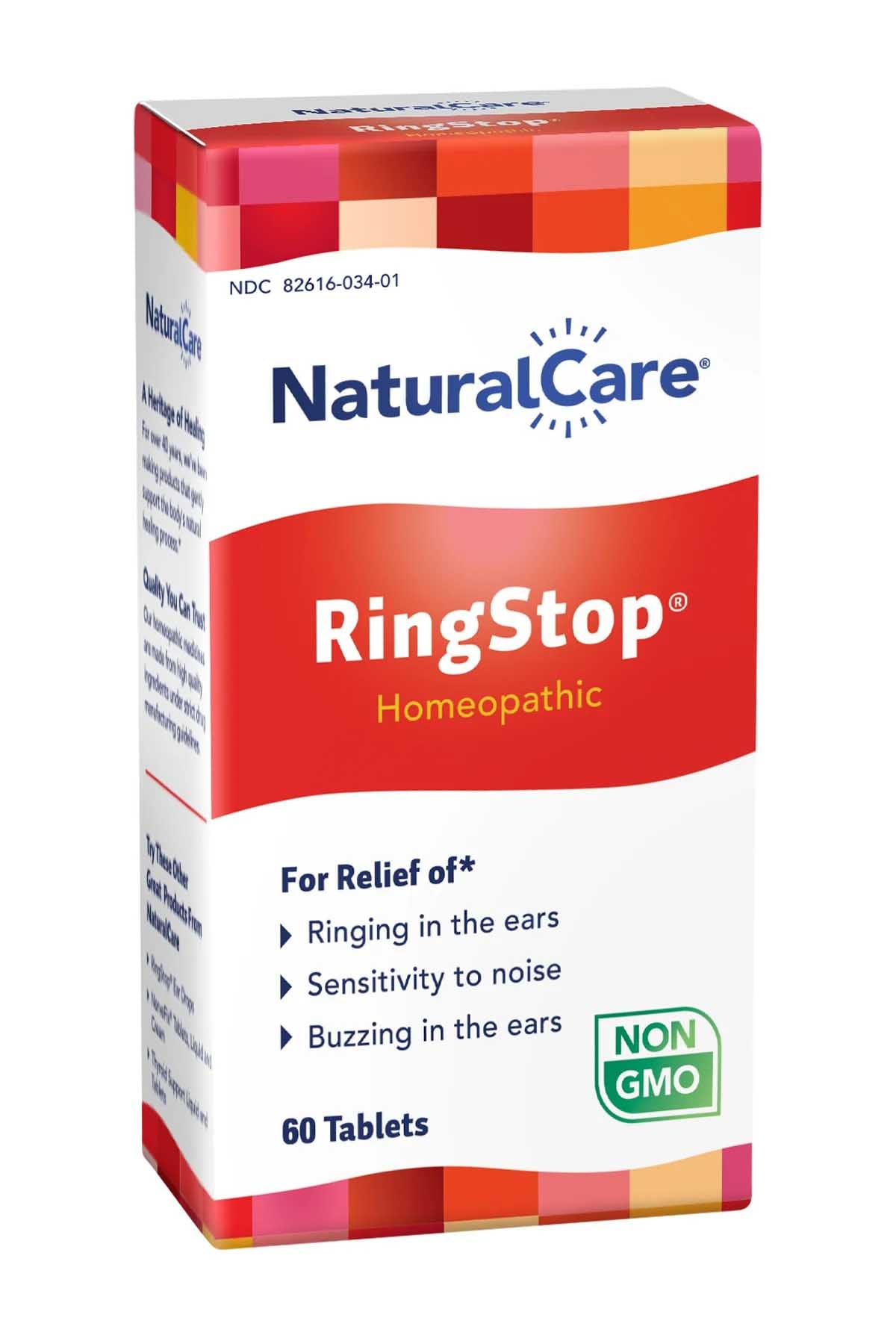 NaturalCare RingStop packaging box, showing ingredients list and dosage guidance.