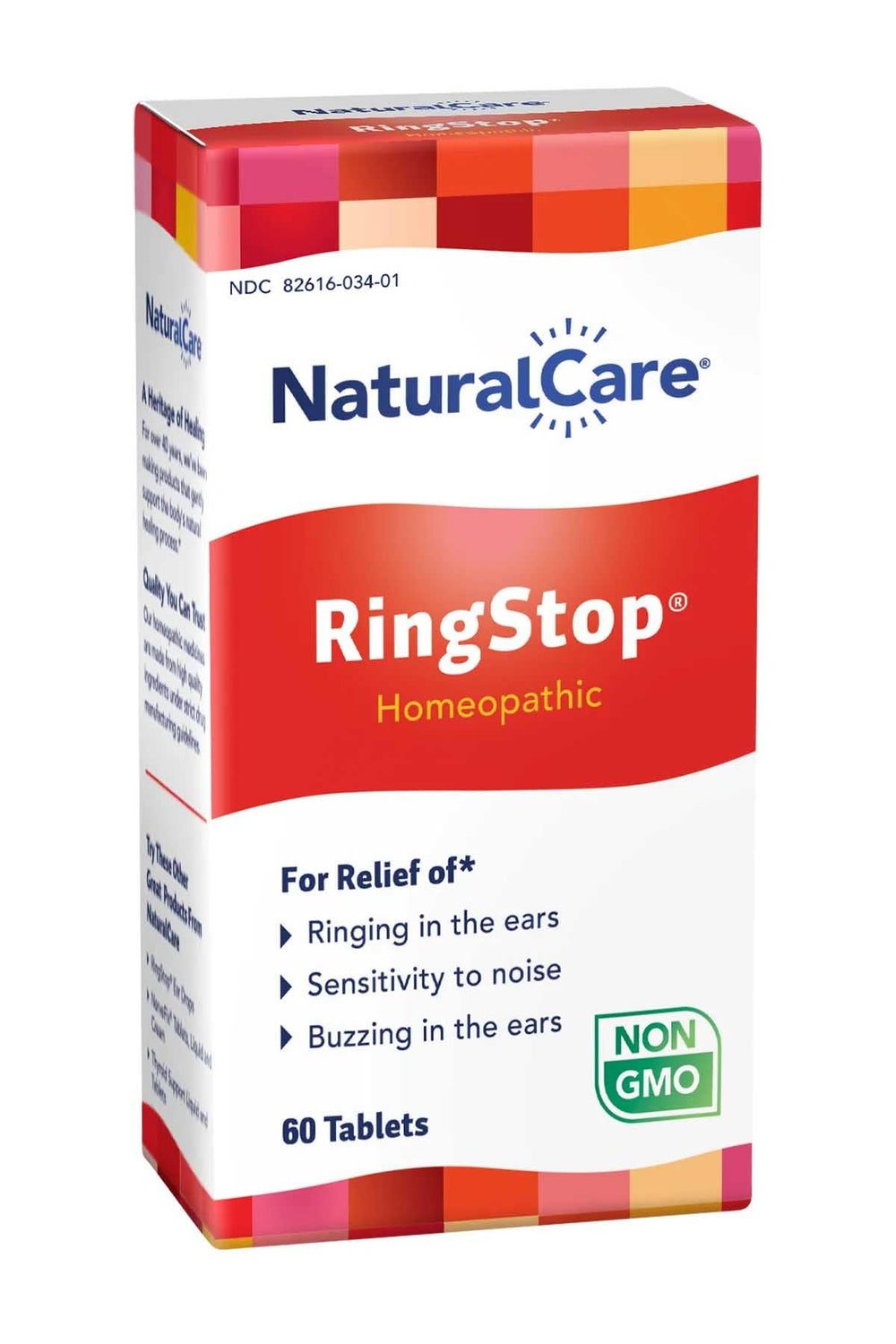 NaturalCare RingStop packaging box, showing ingredients list and dosage guidance.