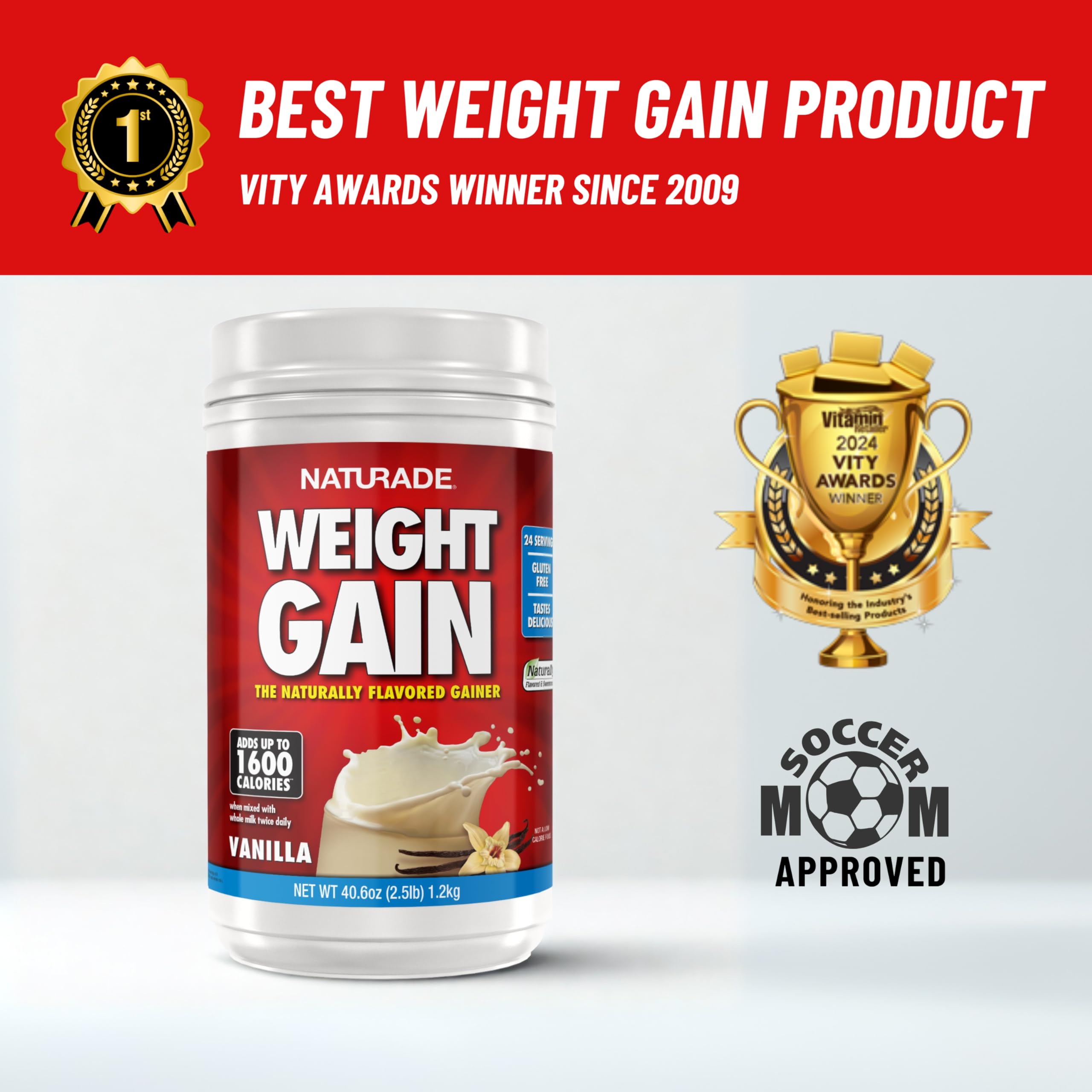 Naturade weight gain carton on shelf highlights value and availability.