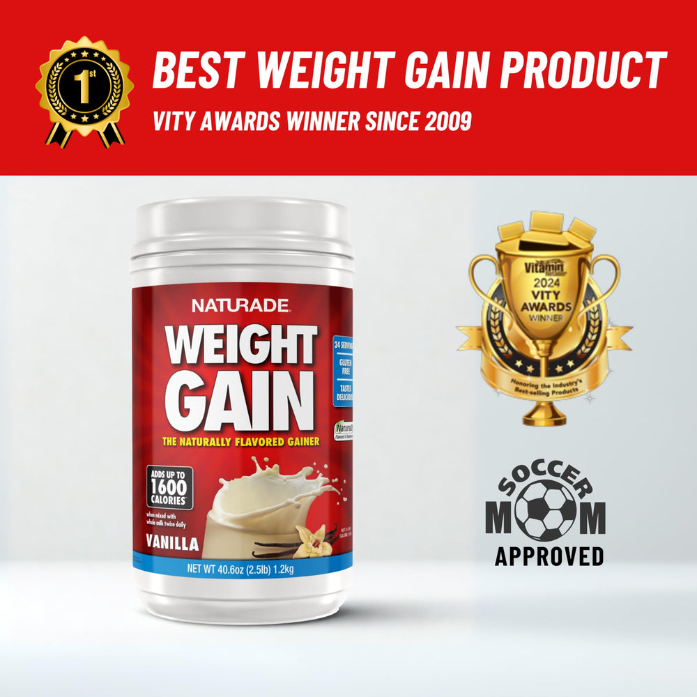 Naturade weight gain carton on shelf highlights value and availability.