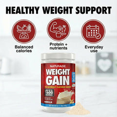 Naturade Weight Gain vanilla shake poured in glass, rich aroma.