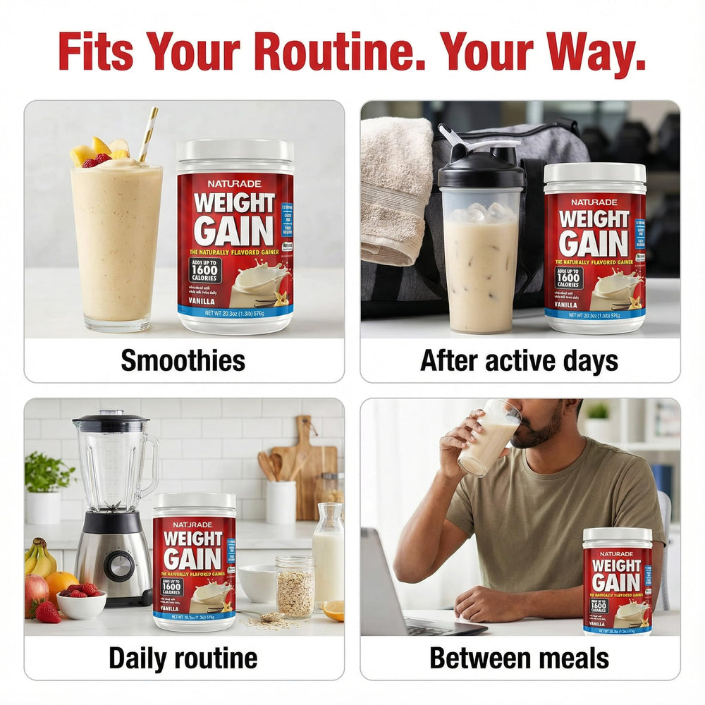 Naturade Weight Gain label highlights gluten-free and natural ingredients.