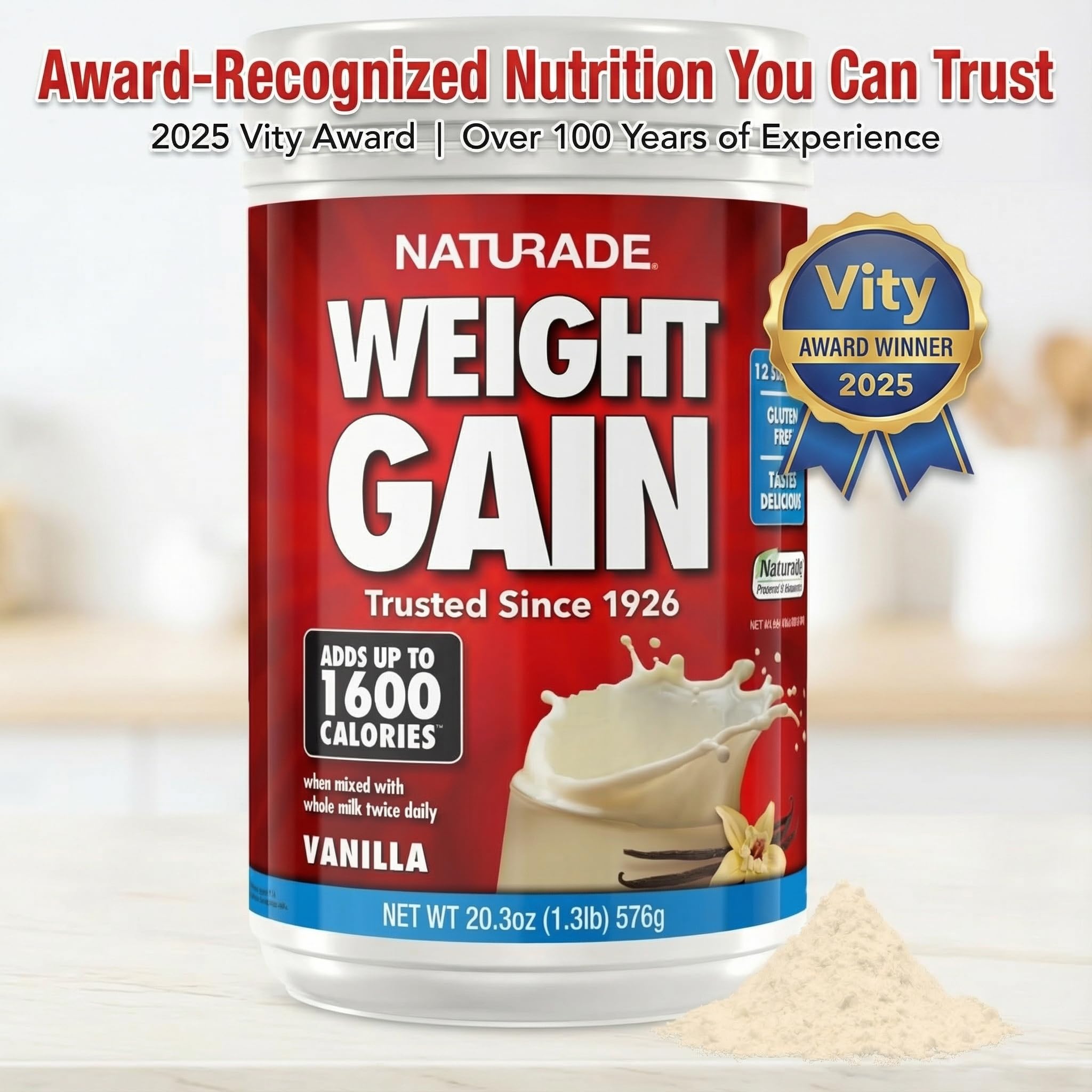 Naturade Weight Gain nutrition facts panel highlighting 1600 calories.